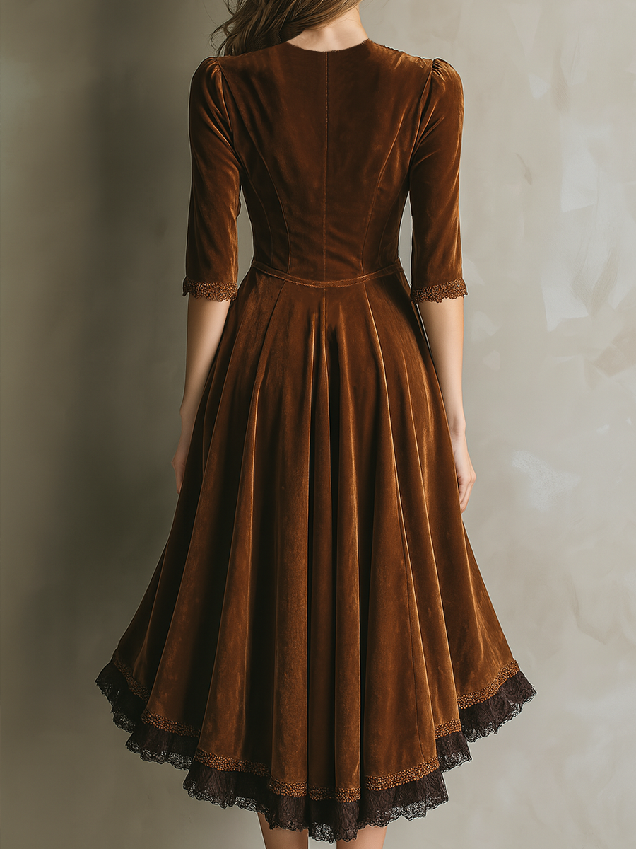 Vintage Three-Quarter Sleeves Lace High-Low Hem Velvet Two Pieces Set