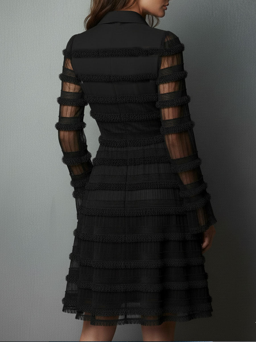 Quiet Luxury Black Fringe Textured Sheer Layered Dress
