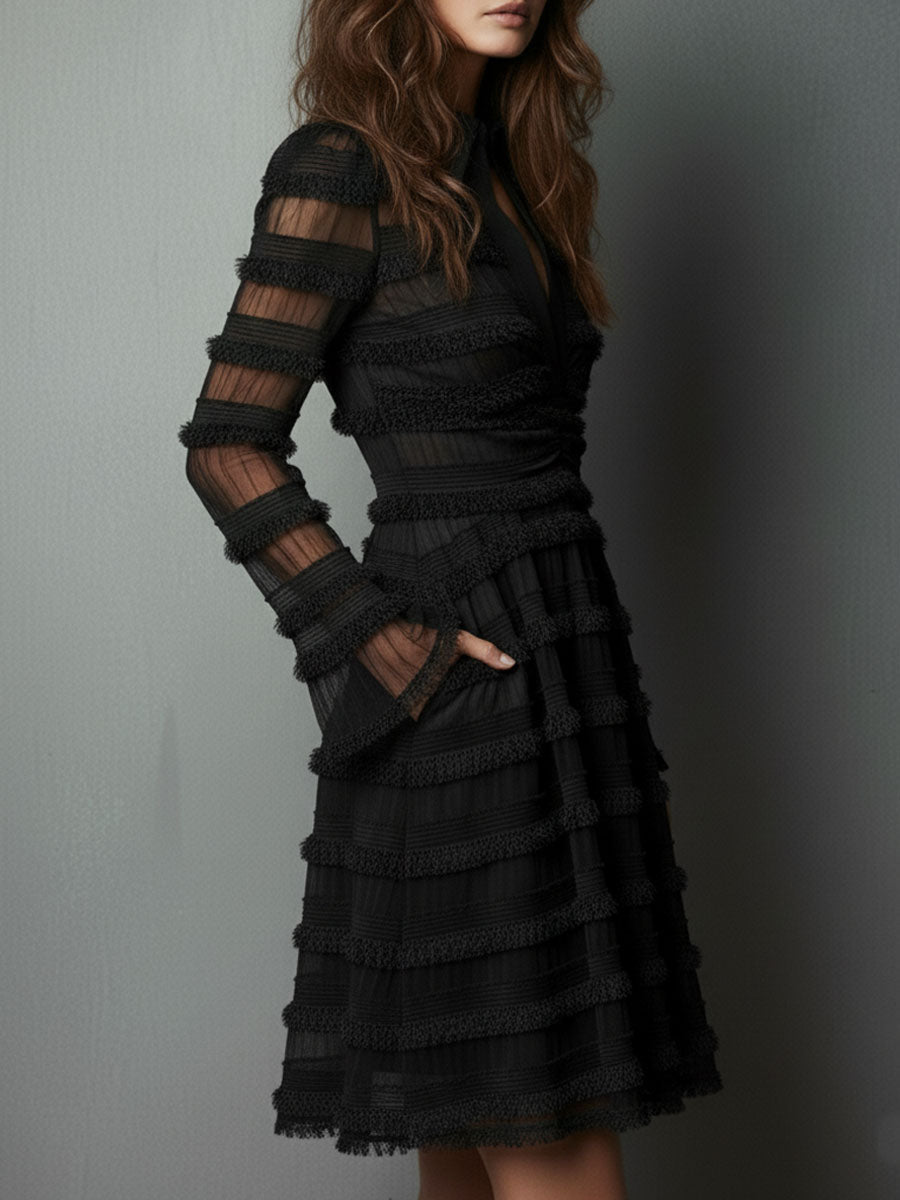Quiet Luxury Black Fringe Textured Sheer Layered Dress