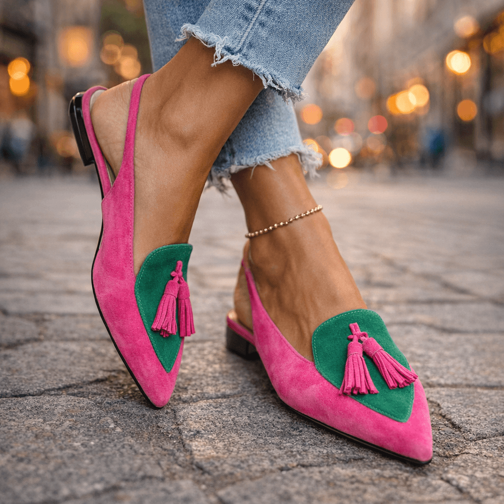 Lorena | Two-Tone Suede Flats with Pom Poms