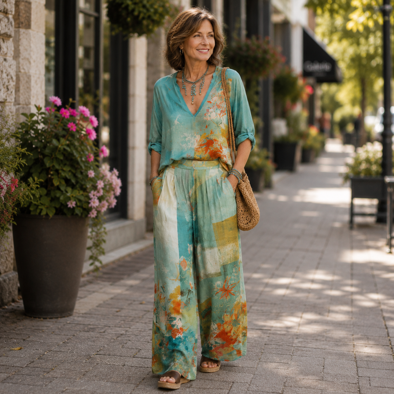 Chiara | Elegant Floral Print Set with Wide-Leg Pants