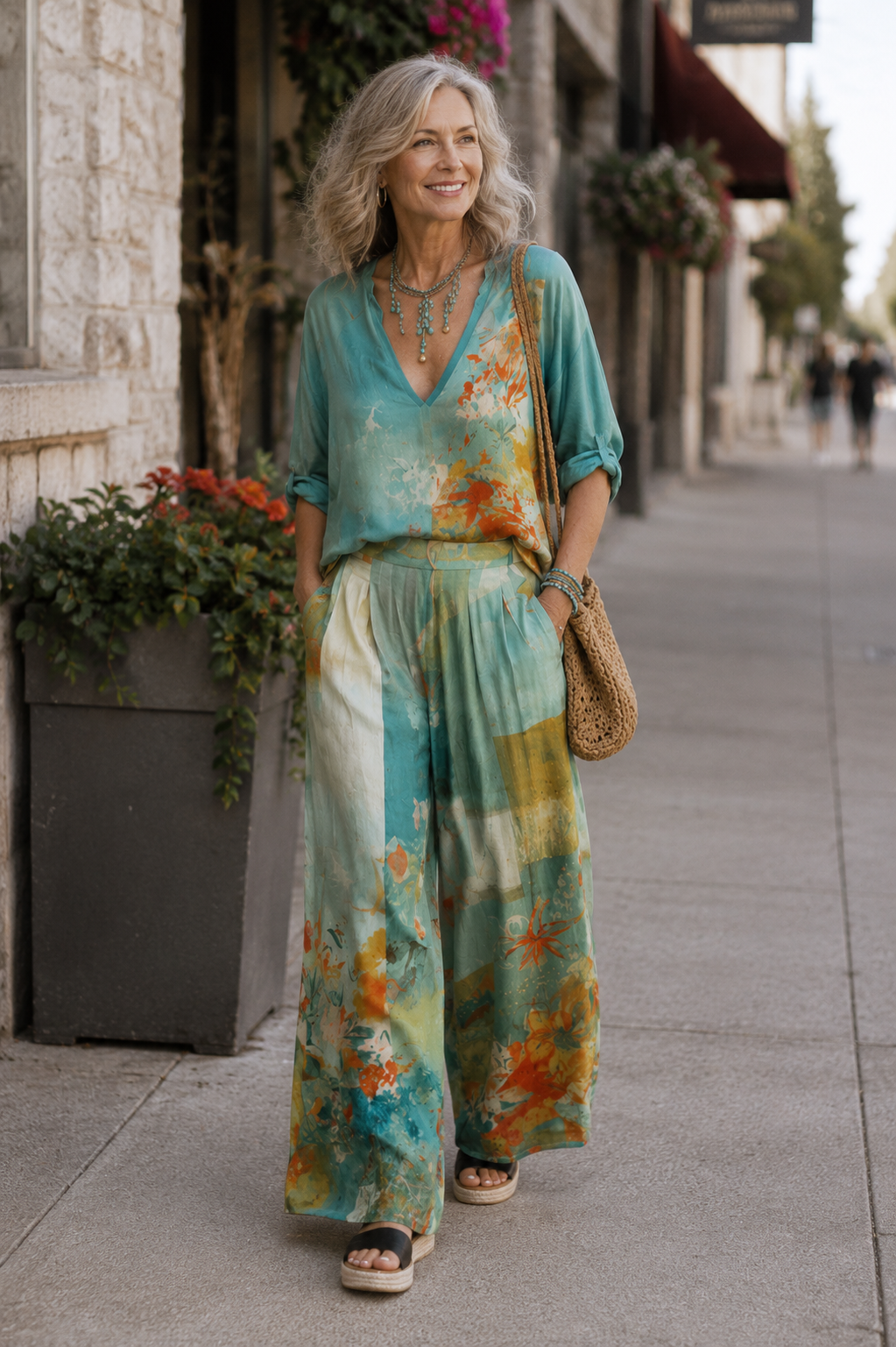 Chiara | Elegant Floral Print Set with Wide-Leg Pants