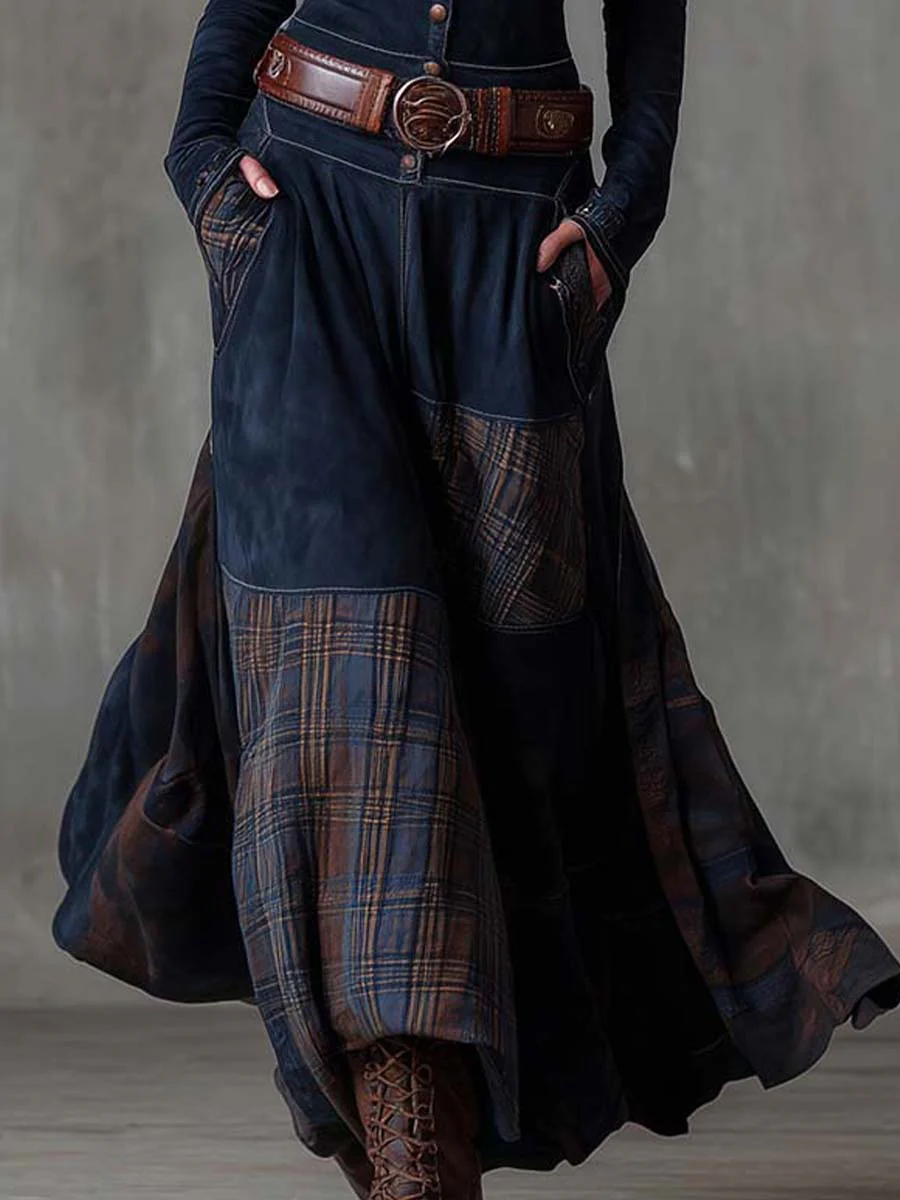 Yelena™ | VINTAGE LONG SUEDE CHECKERED DRESS