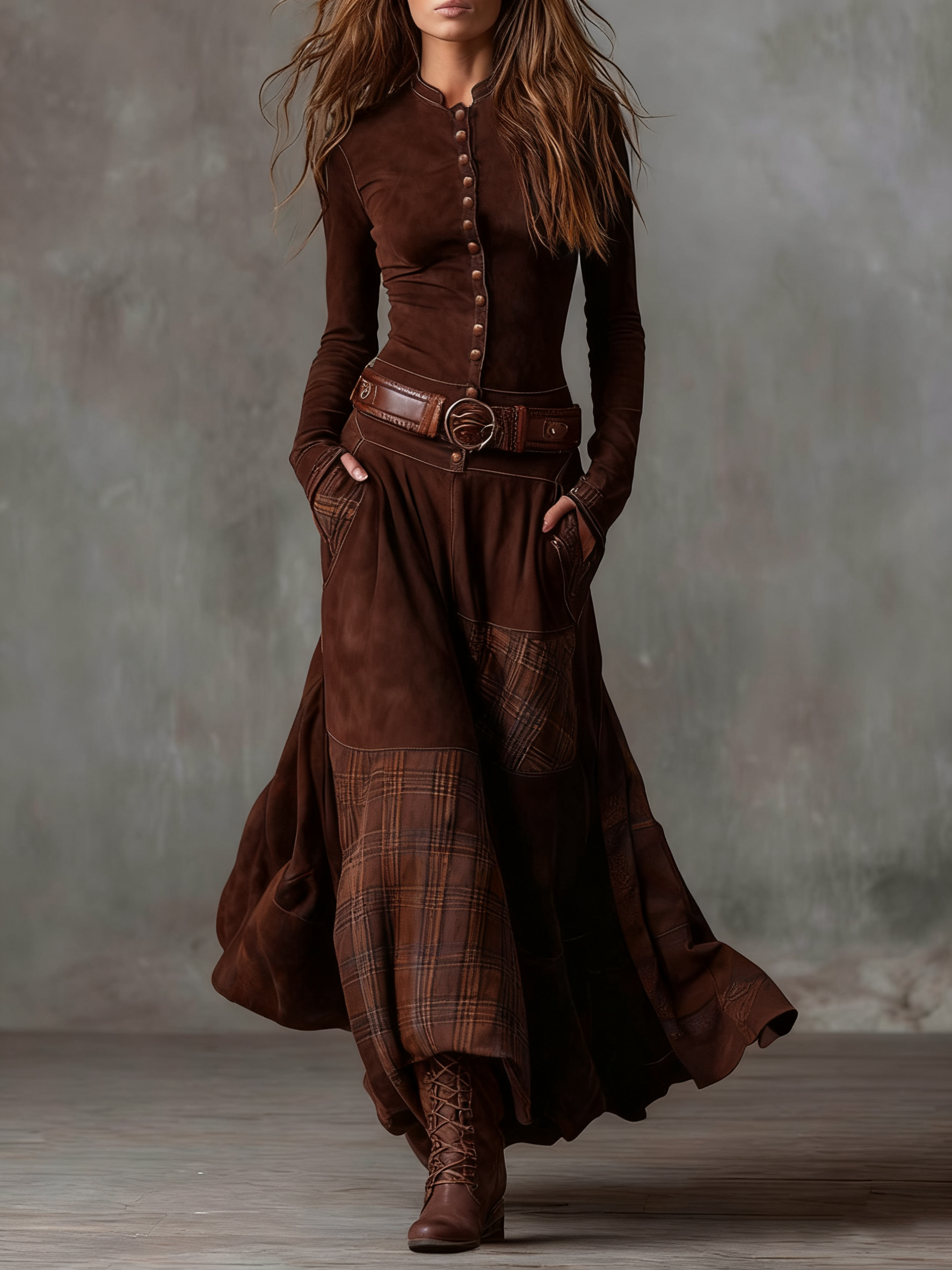 Yelena™ | VINTAGE LONG SUEDE CHECKERED DRESS