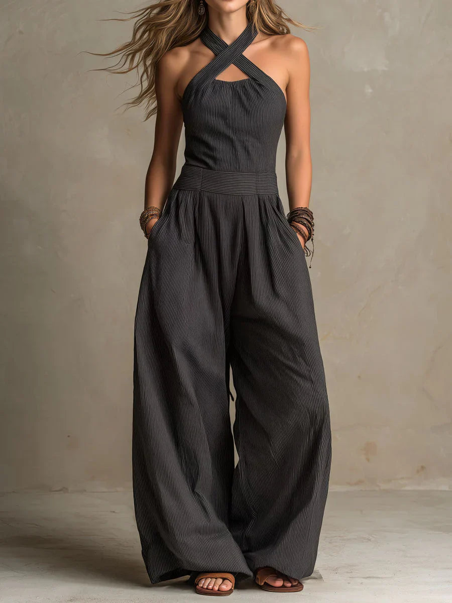 Bianca | Elegant Linen & Cotton Wrap Neckline Jumpsuit