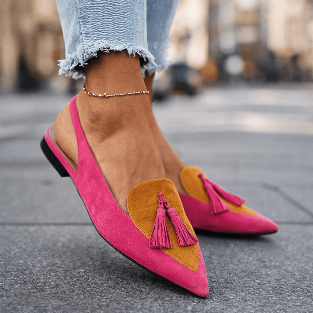 Lorena | Two-Tone Suede Flats with Pom Poms