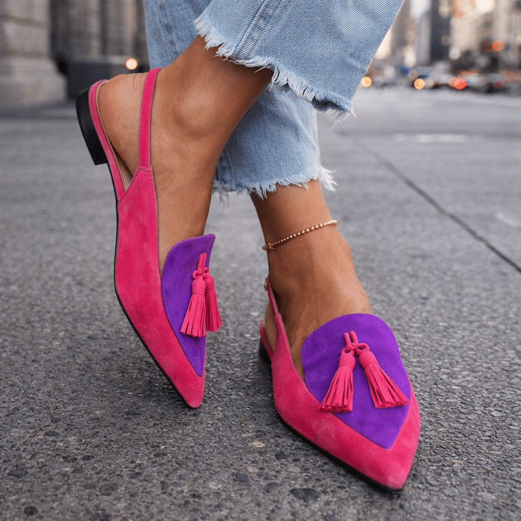 Lorena | Two-Tone Suede Flats with Pom Poms