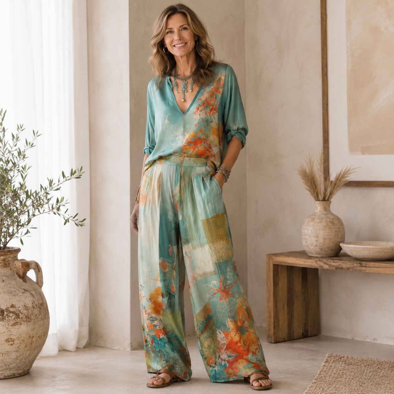Chiara | Elegant Floral Print Set with Wide-Leg Pants