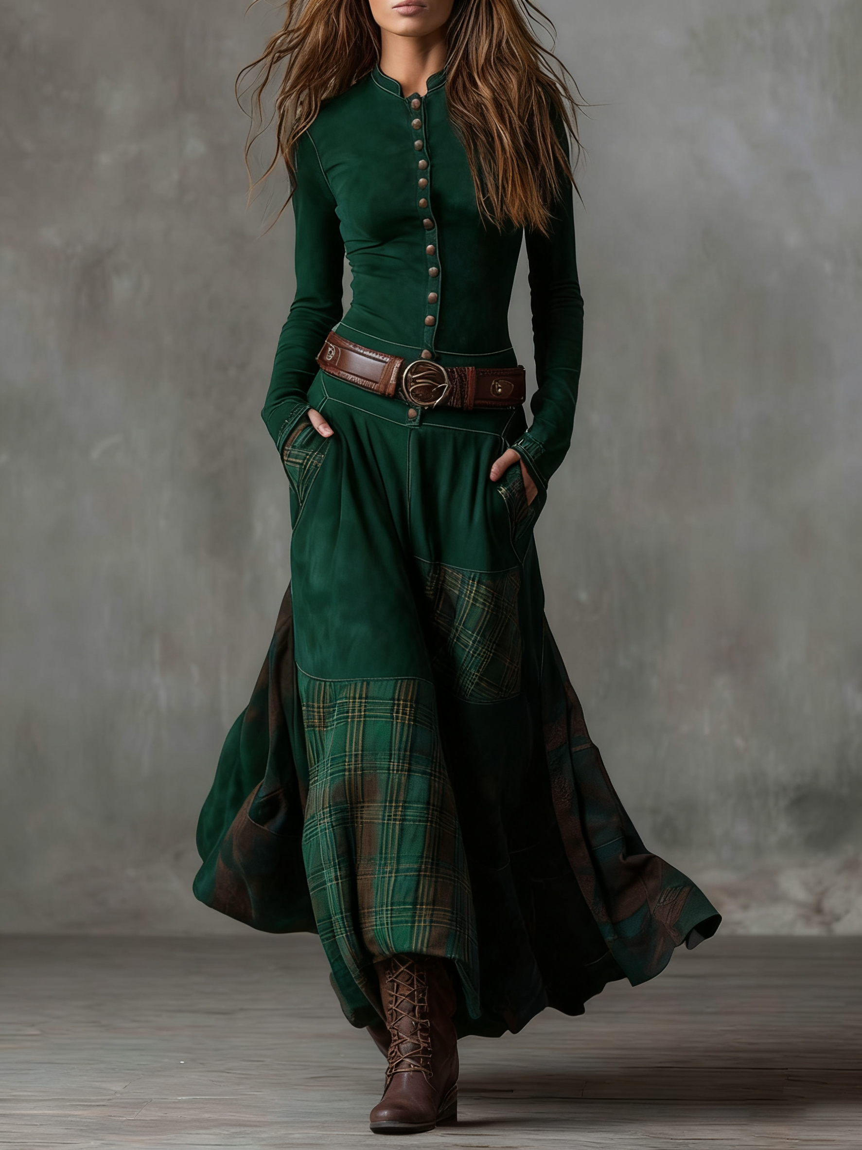 Yelena™ | VINTAGE LONG SUEDE CHECKERED DRESS