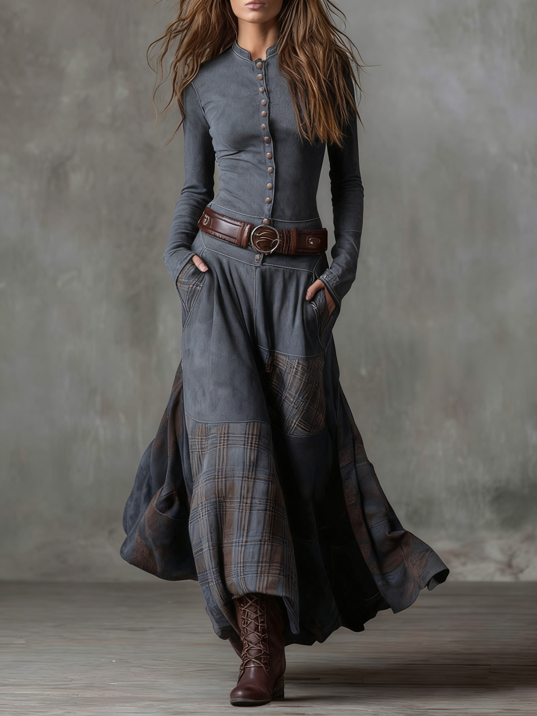 Yelena™ | VINTAGE LONG SUEDE CHECKERED DRESS