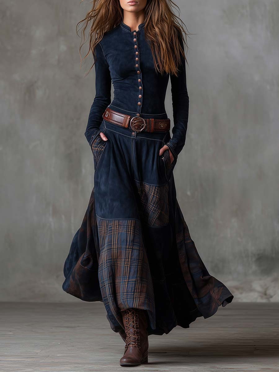 Yelena™ | VINTAGE LONG SUEDE CHECKERED DRESS