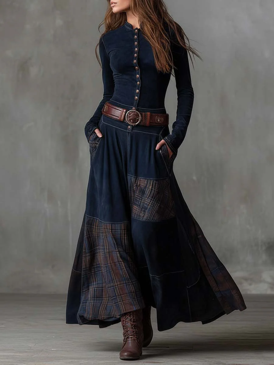 Yelena™ | VINTAGE LONG SUEDE CHECKERED DRESS