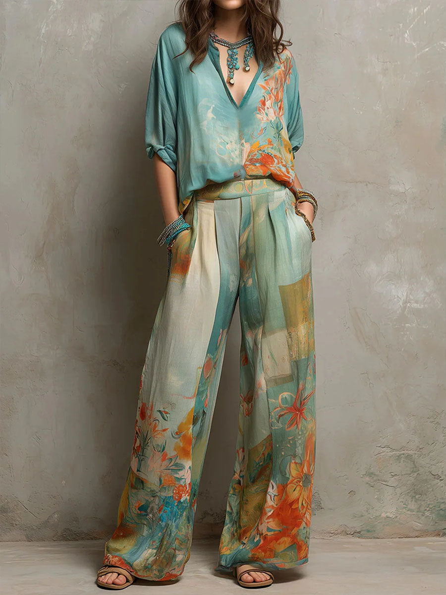 Chiara | Elegant Floral Print Set with Wide-Leg Pants