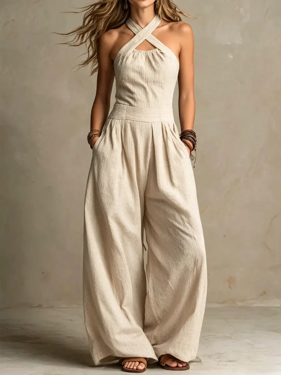 Bianca | Elegant Linen & Cotton Wrap Neckline Jumpsuit