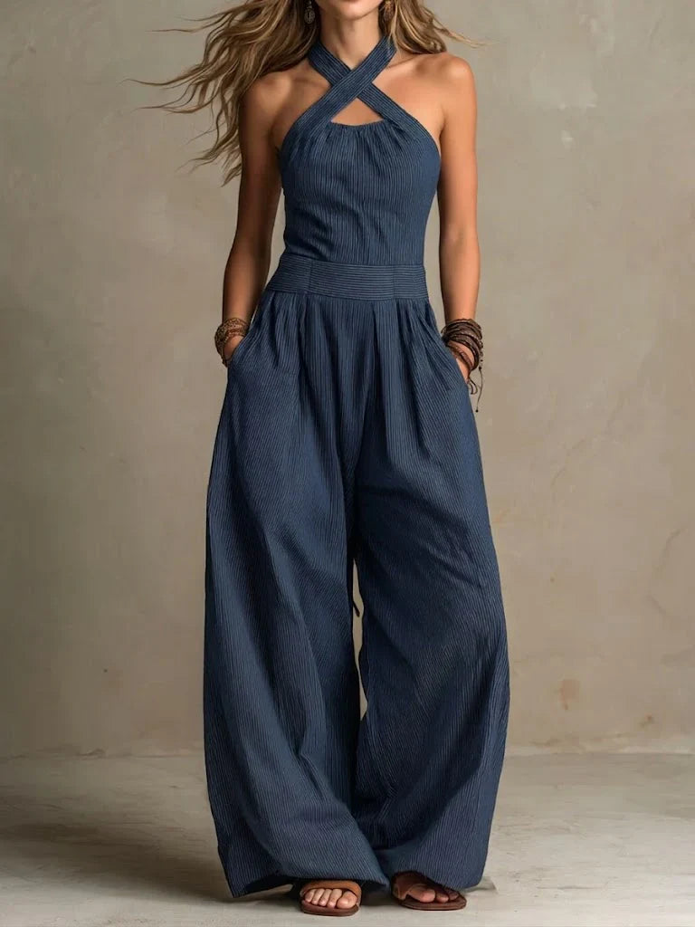 Bianca | Elegant Linen & Cotton Wrap Neckline Jumpsuit